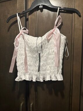 Fashion Nova White Smocked Crop Camisole with Pink Ribbon Ties